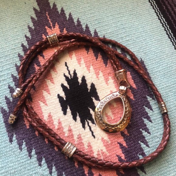 Vintage leather woven belt with brass accents. (BO7) main image 14